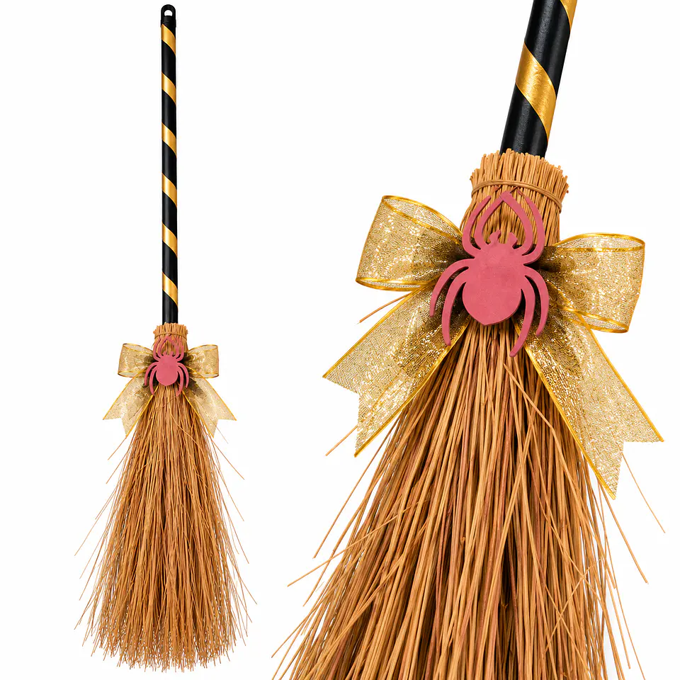 Escoba De Bruja Halloween Decorativa Dorada 80 Cm 2