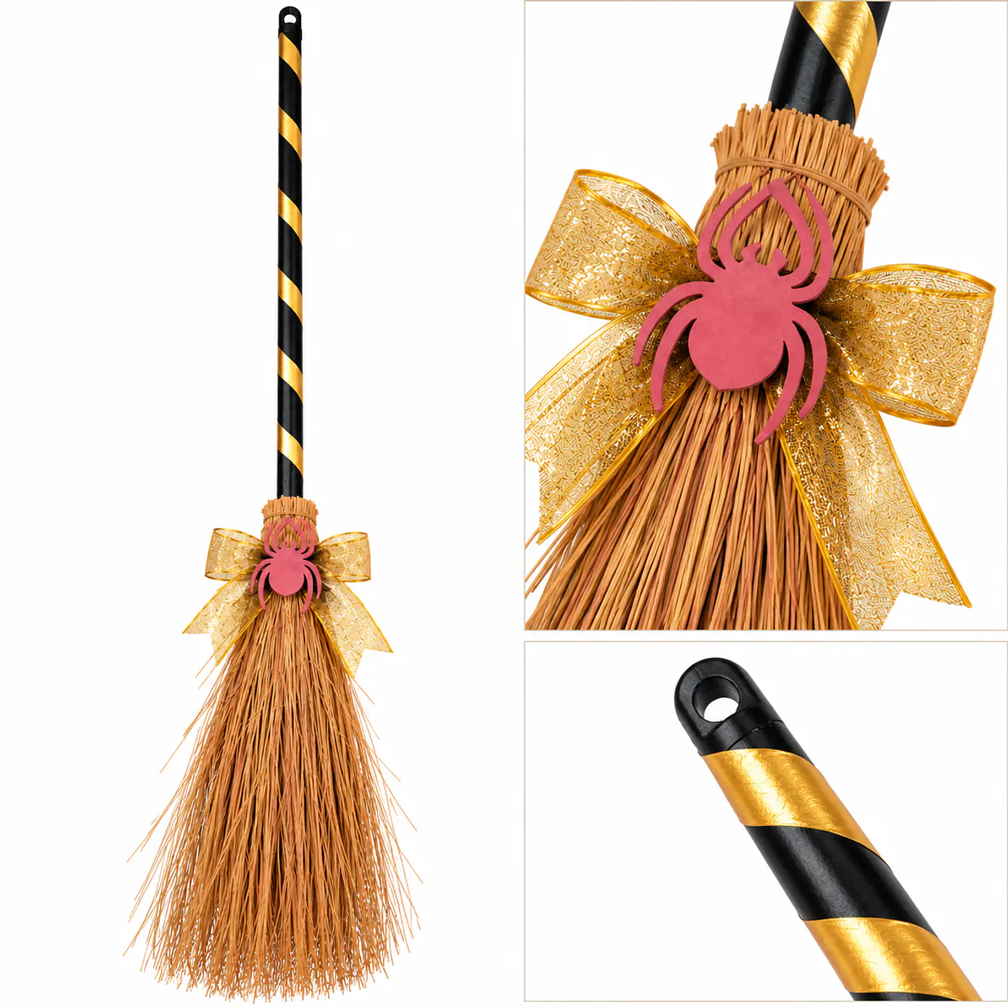 Escoba De Bruja Halloween Decorativa Dorada 80 Cm 3