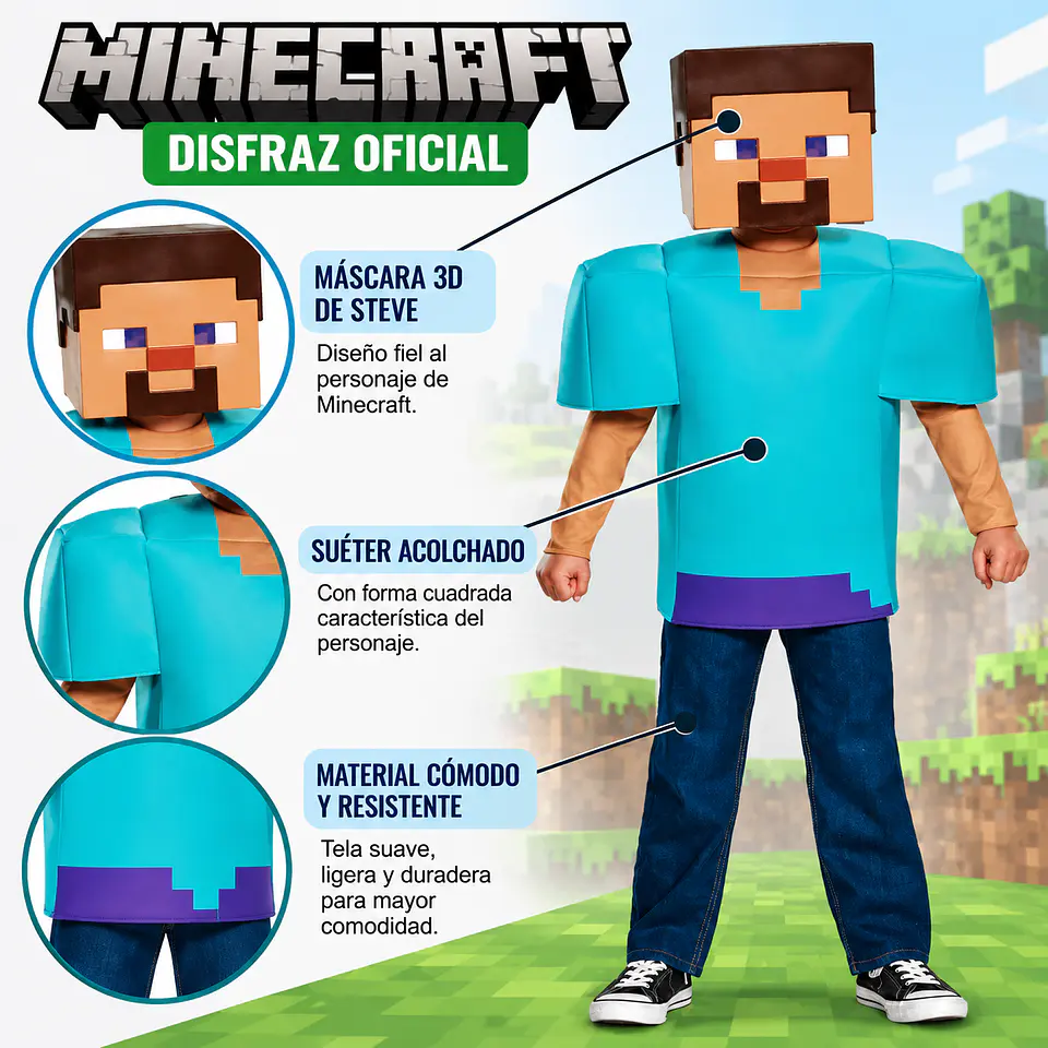 Disfraz Oficial Minecraft Steve para Niño – Traje Completo 4 a 6 años 5