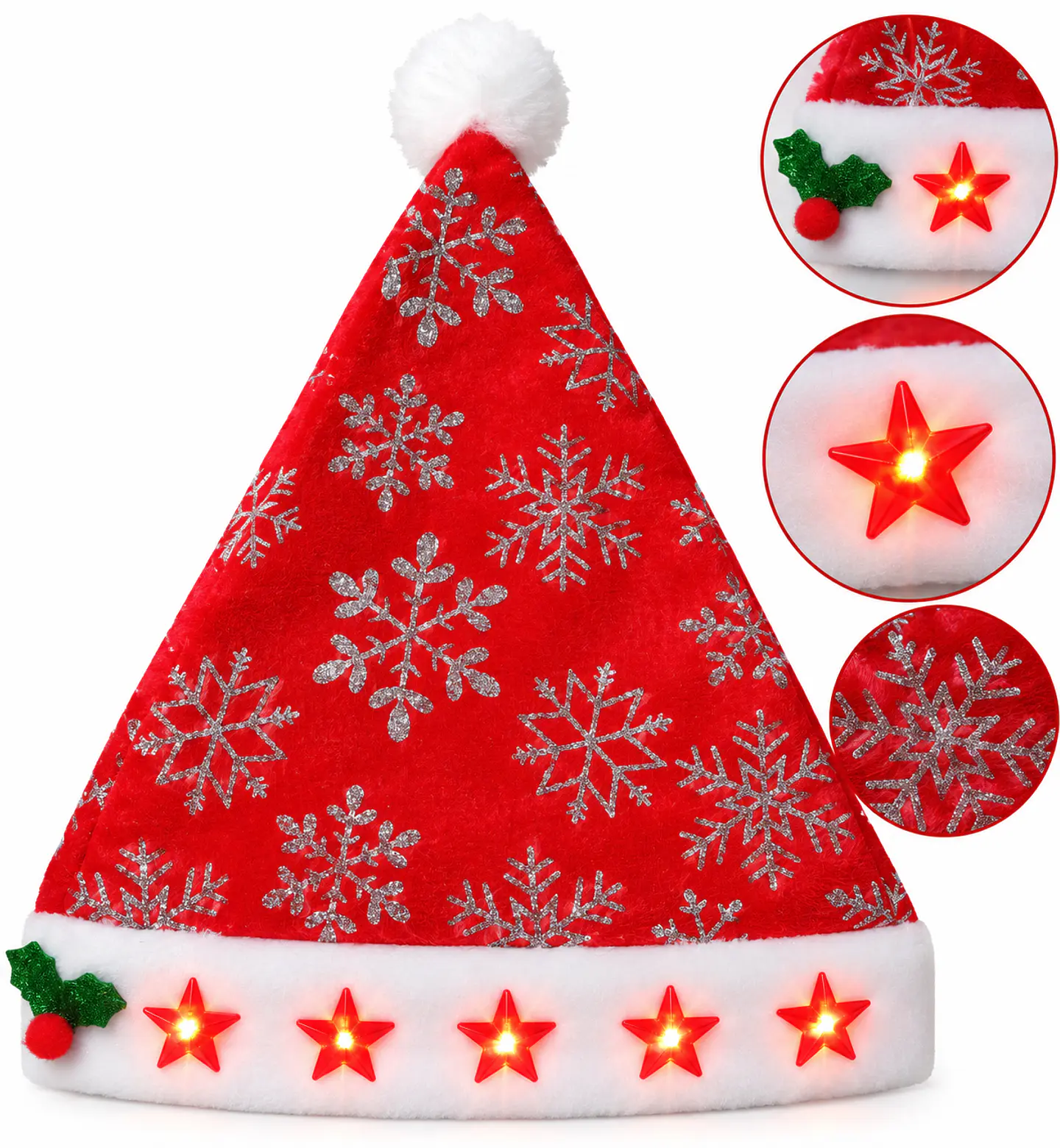 Gorro Pascuero Navideño Rojo con Estrellas Luminosas LED 2