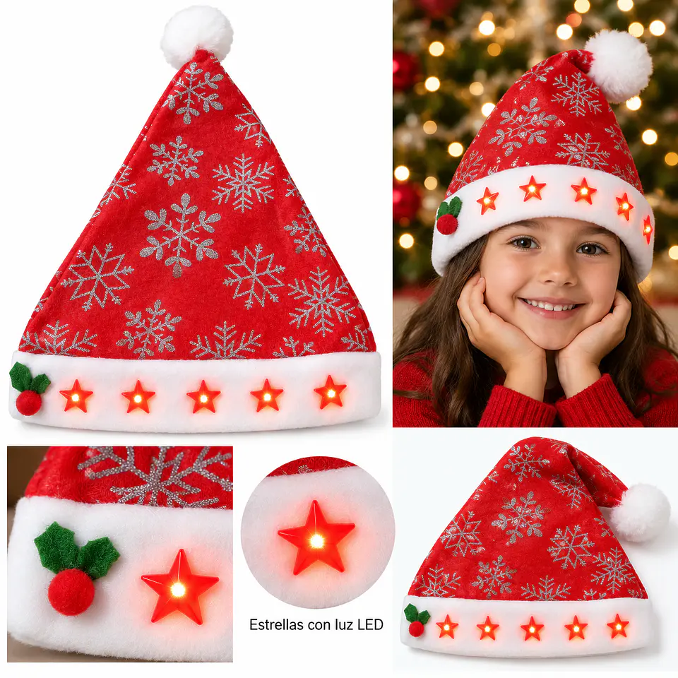 Gorro Pascuero Navideño Rojo con Estrellas Luminosas LED 4