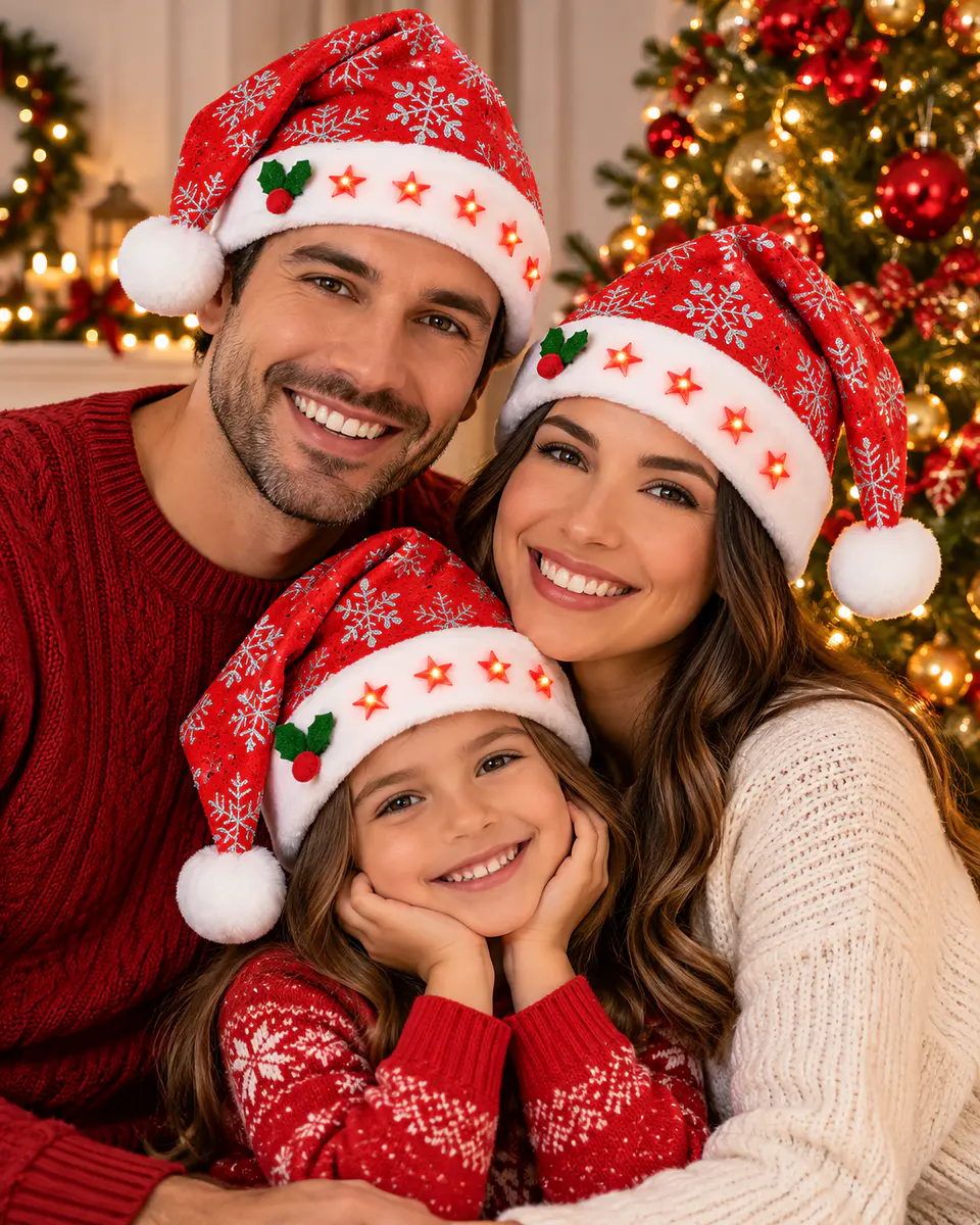 Gorro Pascuero Navideño Rojo con Estrellas Luminosas LED 5