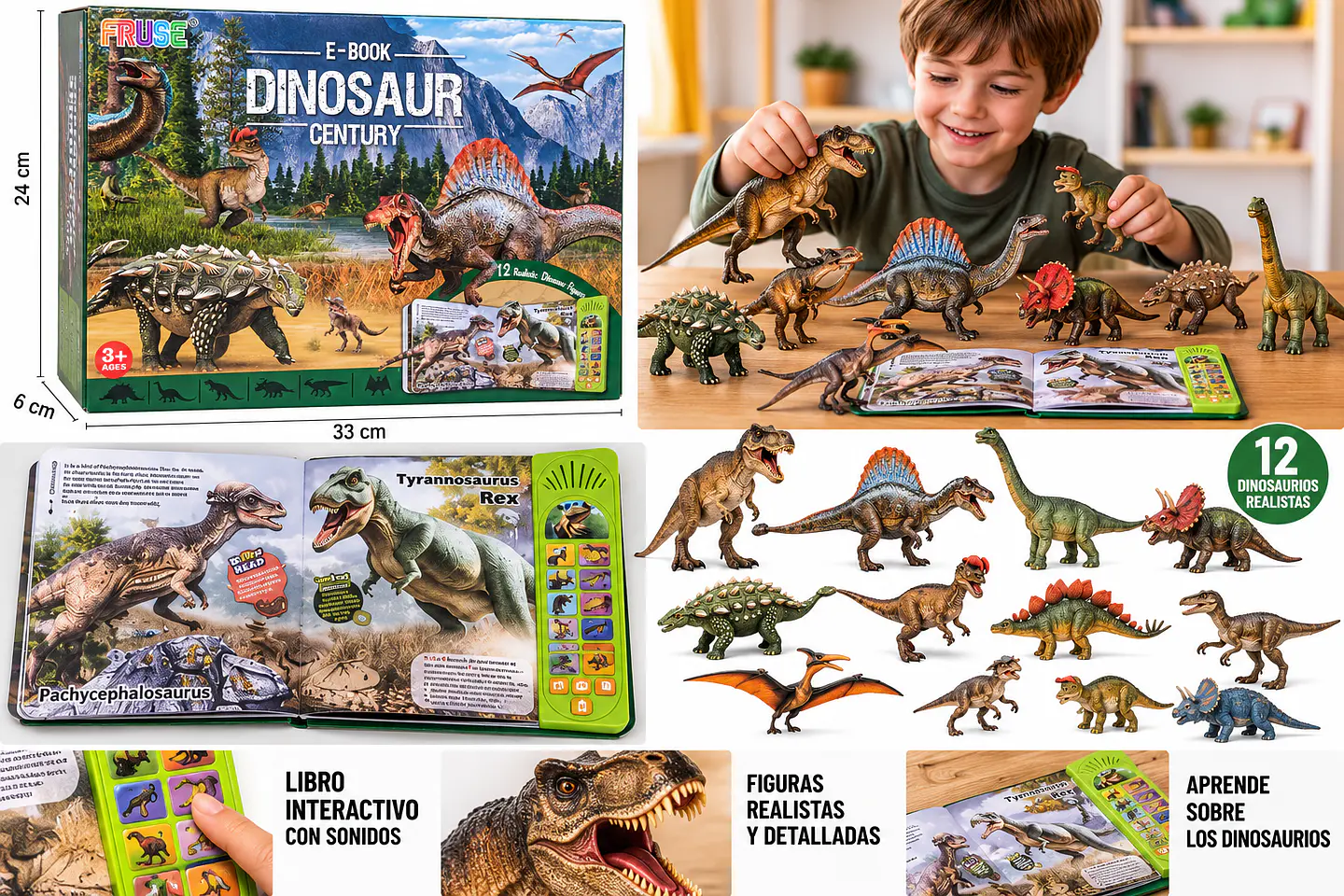 Set 12 Dinosaurios Realistas con Libro Interactivo FRUSE 2