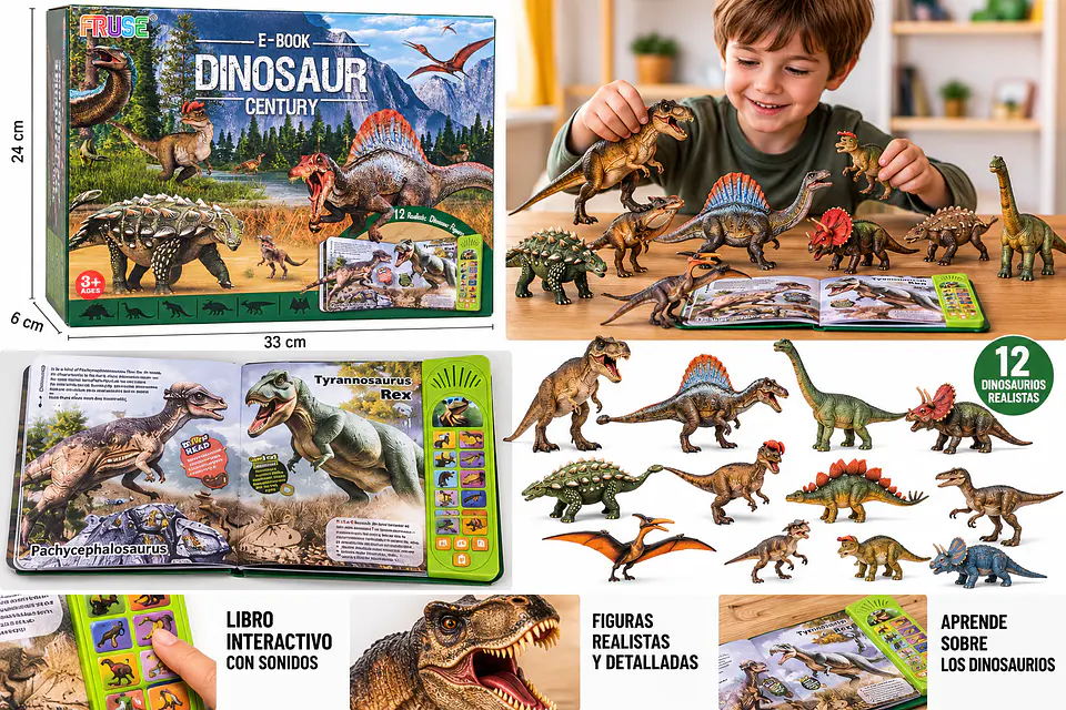 Set 12 Dinosaurios Realistas con Libro Interactivo FRUSE 2