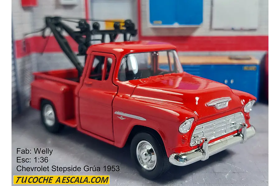 Grua Chevrolet Stepside roja 1955 Escala 1/36 Marca Welly