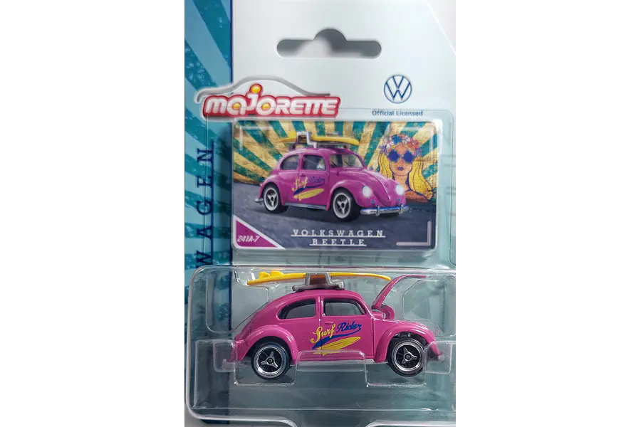 VOLKSWAGEN ESCARABAJO CON TABLA DE SURF , Escala 1:64, Marca MAJORETTE
