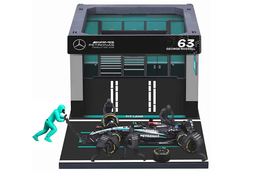Diorama de Pit F1 Mercedes Amg Russell burago 1:43