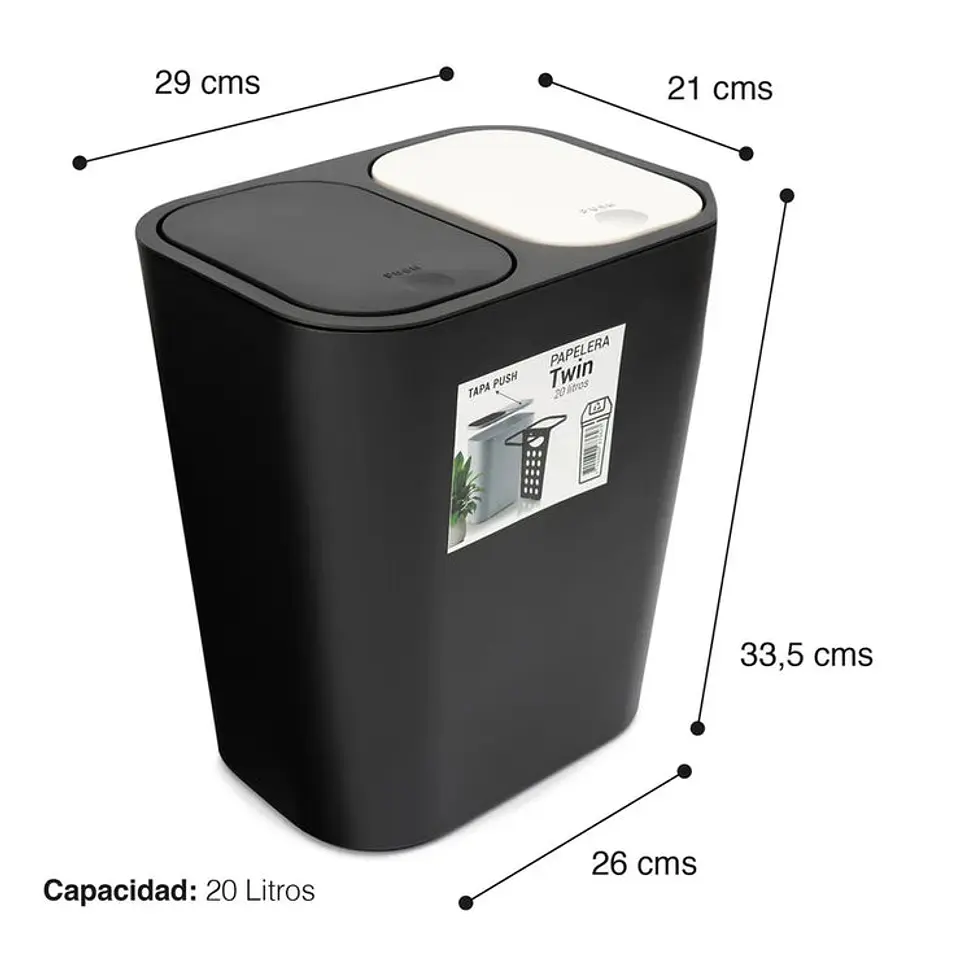 Caneca de basura / Papelera Blanca de 20 litros Push con Doble Compartimiento 5