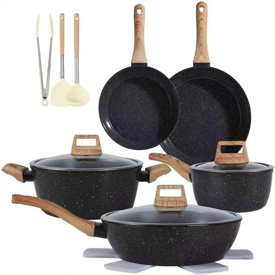 Juego De Utensilios De Cocina De Cerámica 15Pcs Ollas Y Sartenes Antiadherentes (Negro15) 1