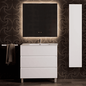 Conjunto de baño ATRANI 100 blanco brillo con encimera cerámica VOLTERRA y espejo retroiluminado MOON Ø100