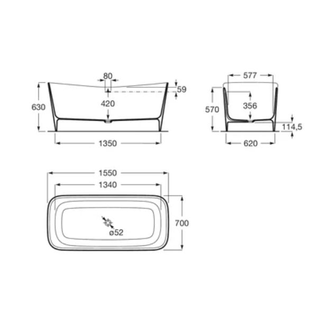 Bañera Roca Maui Square 1550x700mm STONEX® blanca – Elegancia y resistencia para tu baño 2