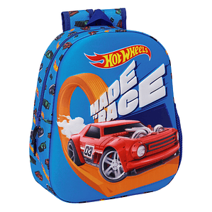 Mochila Infantil Hot Wheels 3D Azul Marino 27x33x10 cm con Asa, Cremallera y Bolsillo Portabotella
