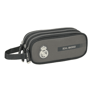 Estuche Escolar Real Madrid Gris con 3 Compartimentos – Portatodo Deportivo de Poliéster 600D