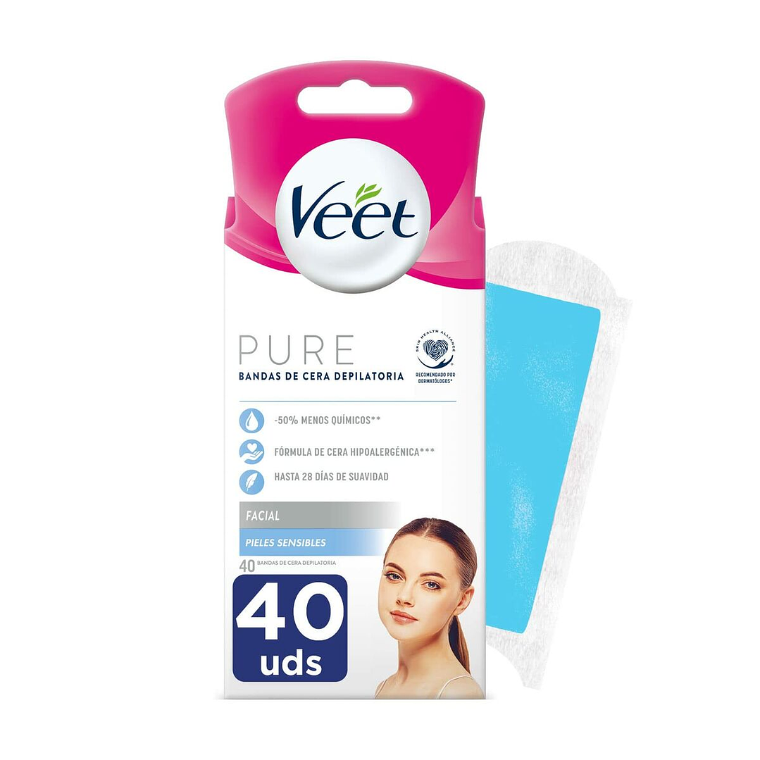 Bandas Depilatorias Faciales Veet Piel Sensible 40 Unidades con Cera Hipoalergénica 1