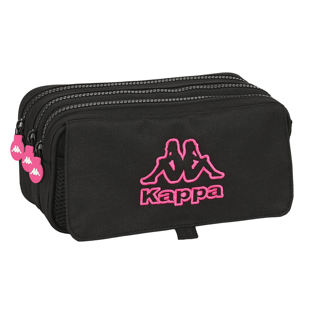 Estuche Triple Kappa Black and Pink Negro 21,5x10x8 cm con Compartimentos y Asa Lateral 1