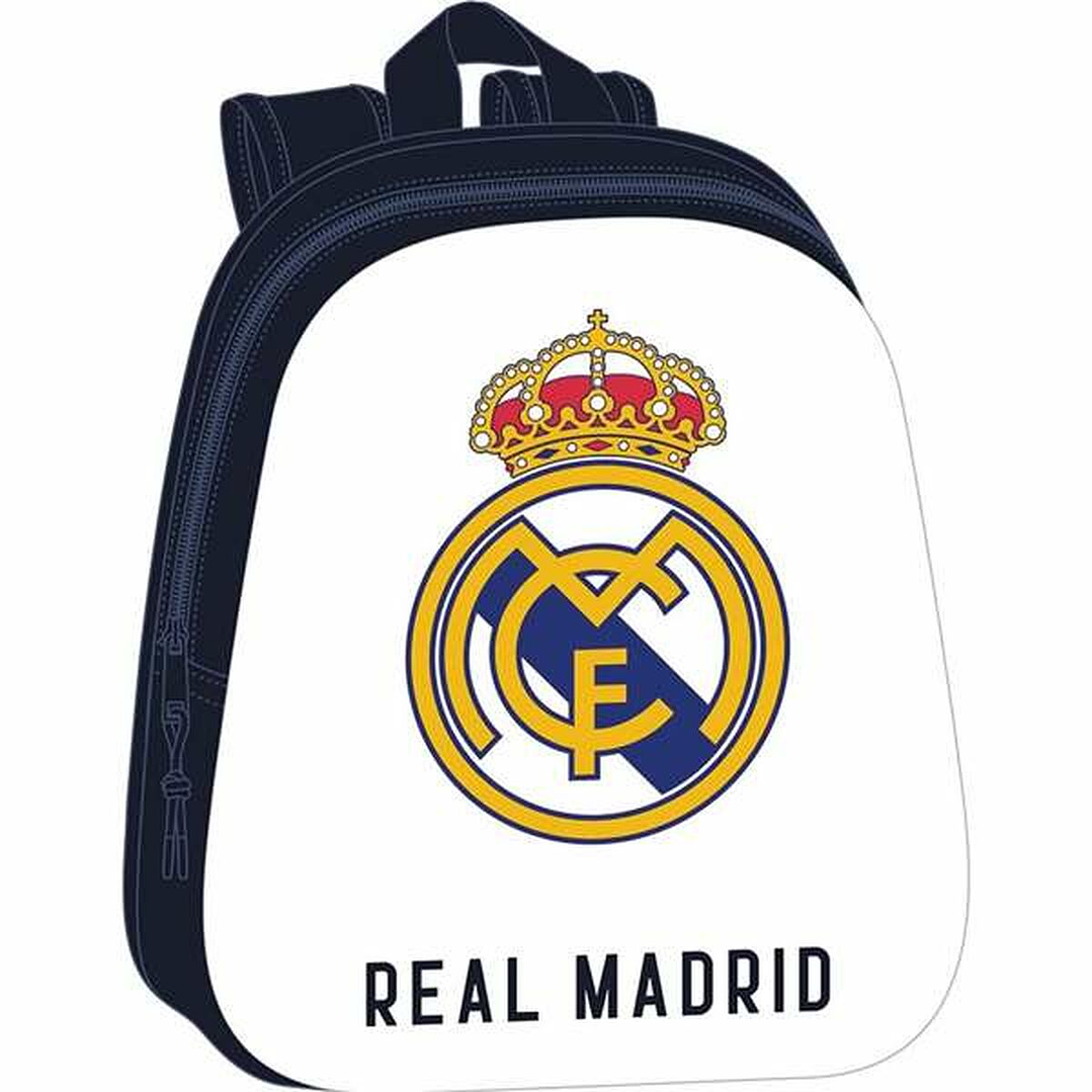 Mochila Escolar Real Madrid C.F. Blanco y Azul Marino 3D – Infantil Preescolar con Hombreras Acolchadas y Bolsillo Portabotella 1