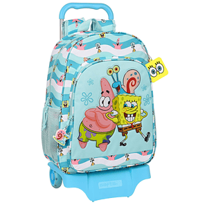 Mochila Escolar con Ruedas Spongebob Stay Positive Azul y Blanca – Diseño Infantil con Carro Extraíble y Acolchado Ergonómico