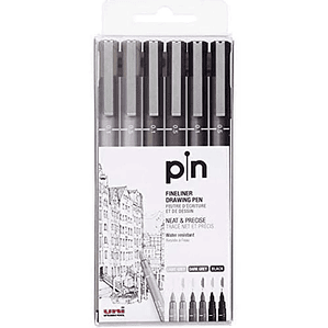 Set de Rotuladores Permanentes Uni-Ball PIN-200(S) – 6 Piezas Negro, Gris y Multicolor con Punta Poliacetal de 0,1 mm y 0,5 mm