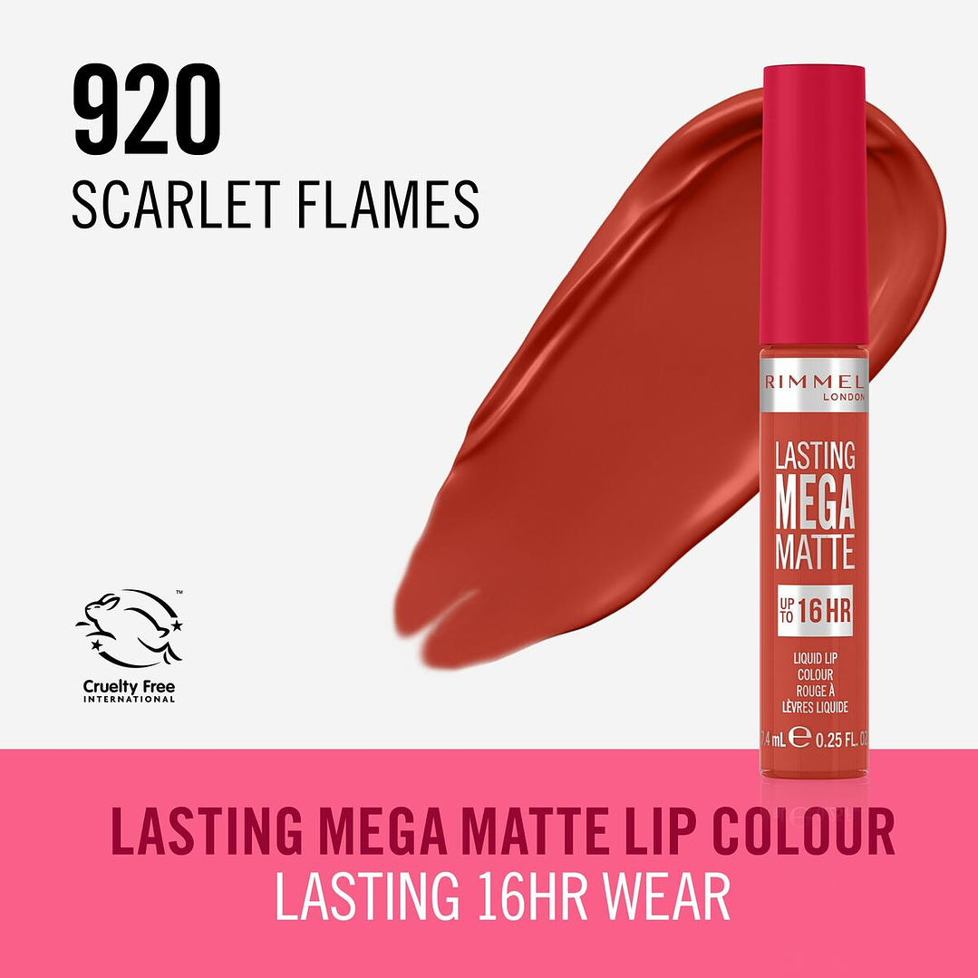 Labial Líquido Rimmel London Lasting Mega Matte Nº 920 Scarlet Flames – Color Intenso, Acabado Mate y Larga Duración Vegana 3