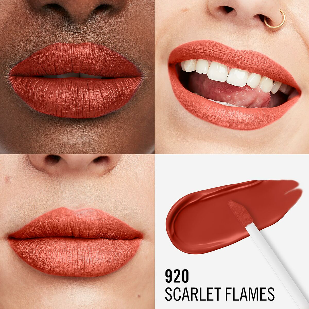 Labial Líquido Rimmel London Lasting Mega Matte Nº 920 Scarlet Flames – Color Intenso, Acabado Mate y Larga Duración Vegana 4