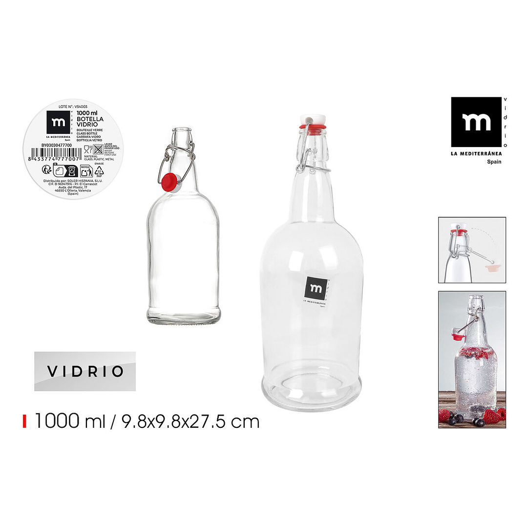 Pack de 12 Botellas de Cristal La Mediterránea 1 Litro – Herméticas con Tapón, Elegantes y Reutilizables para Cocina y Hostelería 3
