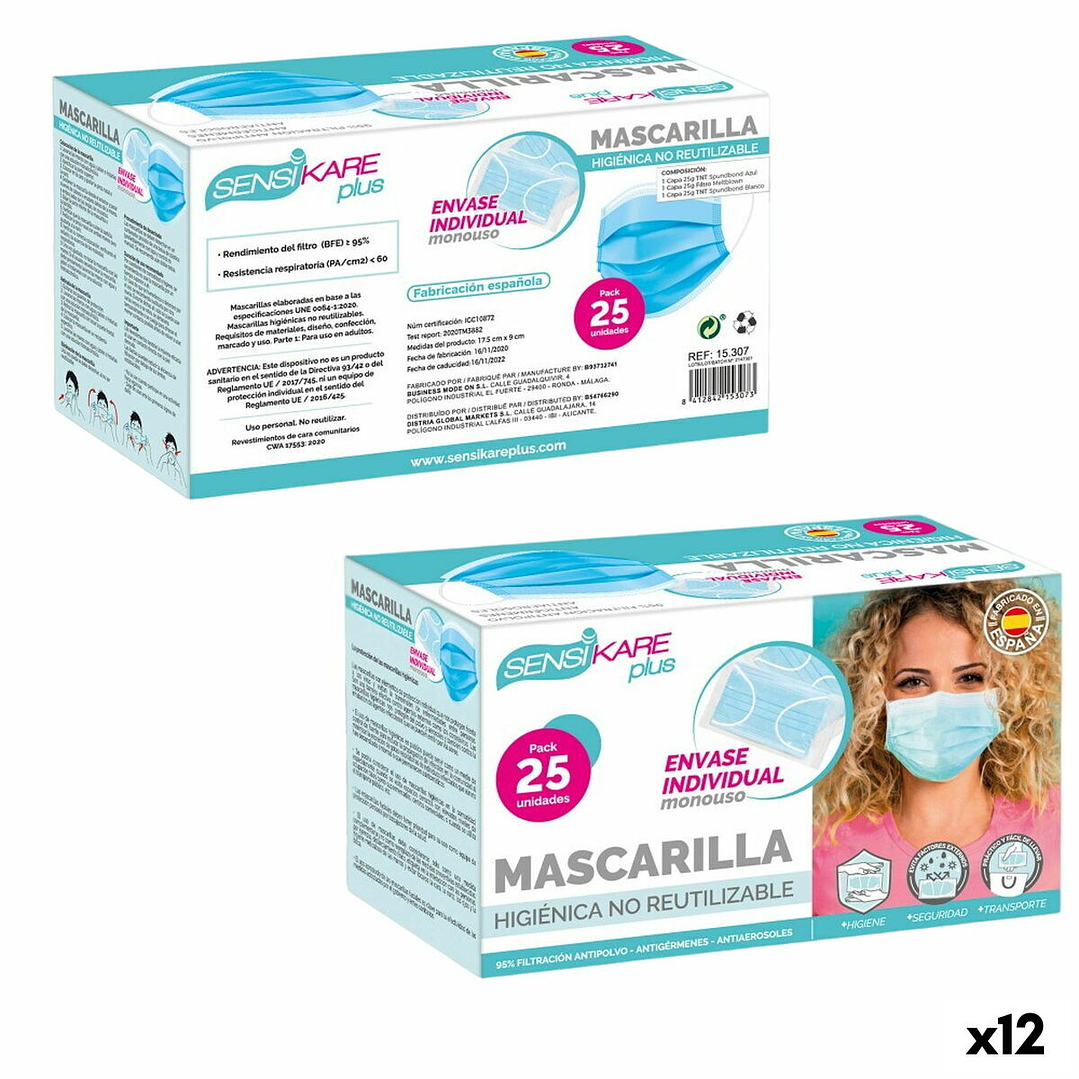 Caja de Mascarillas Higiénicas SensiKare (12 Cajas x 25 Unidades)  Protección Diaria, Comodidad y Alta Calidad para Uso Continuado 1