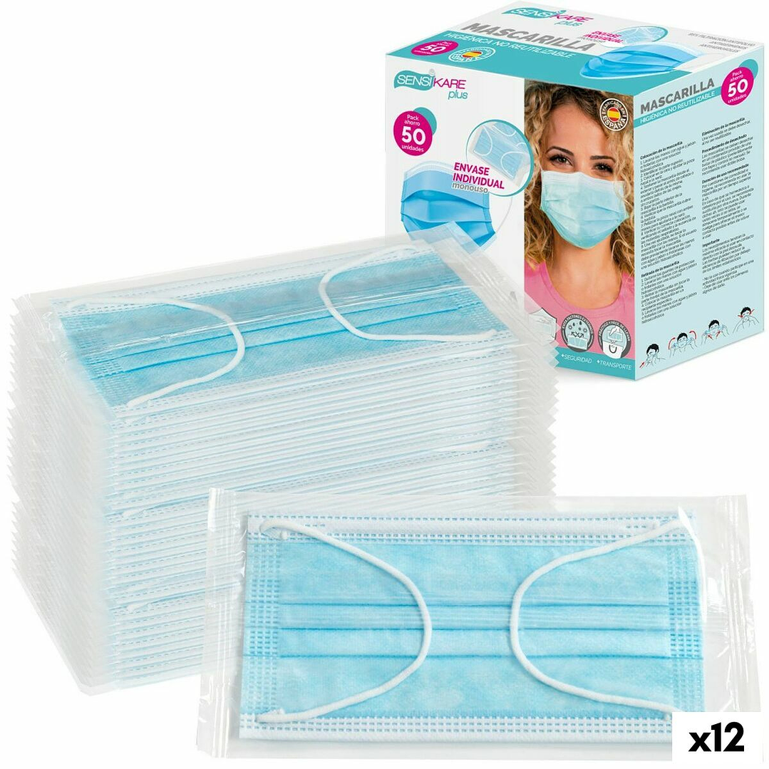 Caja de Mascarillas Higiénicas SensiKare (12 Cajas x 50 Unidades)  Protección Diaria, Alta Calidad y Comodidad para Uso Colectivo 7