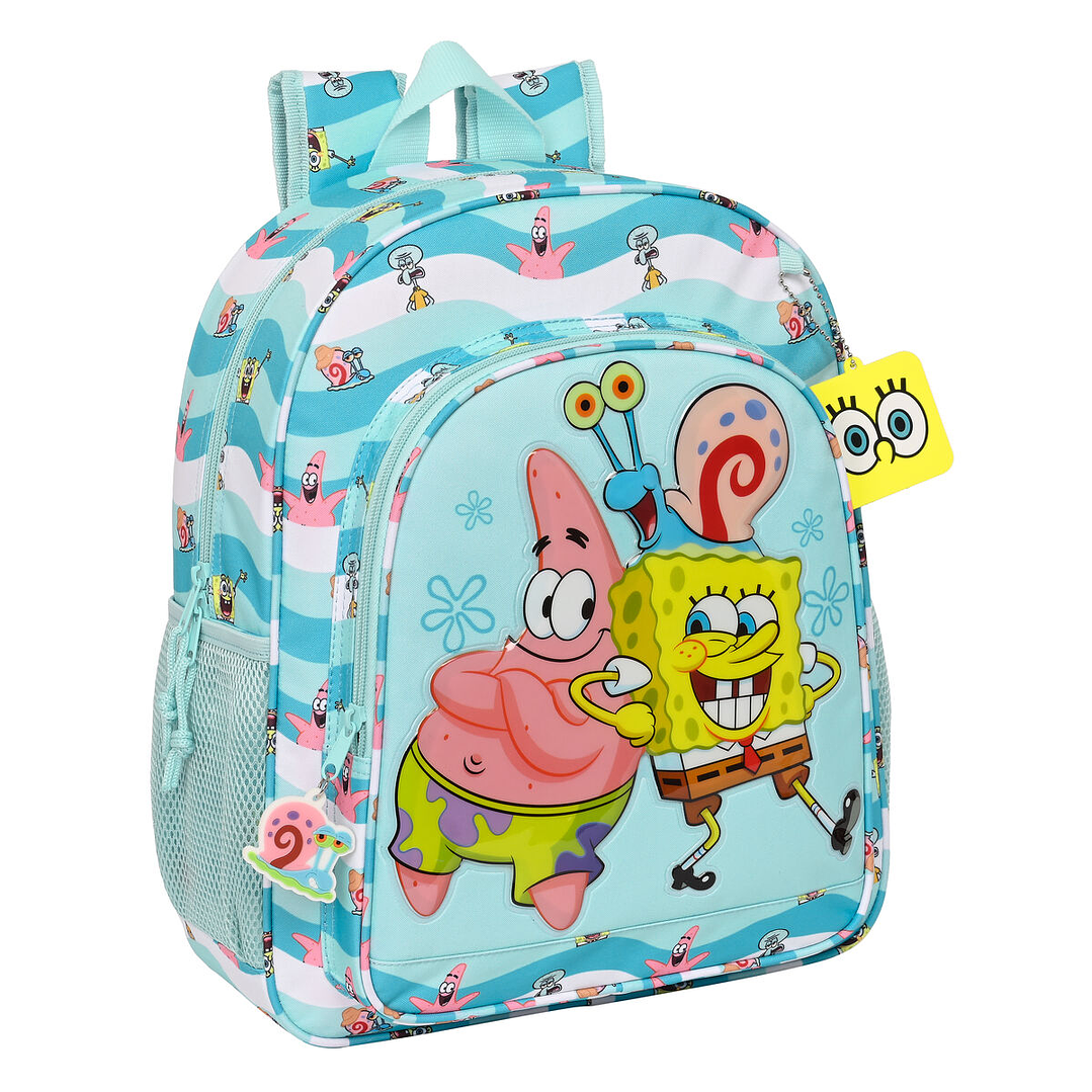Mochila Escolar Infantil Spongebob Stay Positive Azul y Blanca – Diseño Ergonómico y Adaptable a Carro Portamochilas 1