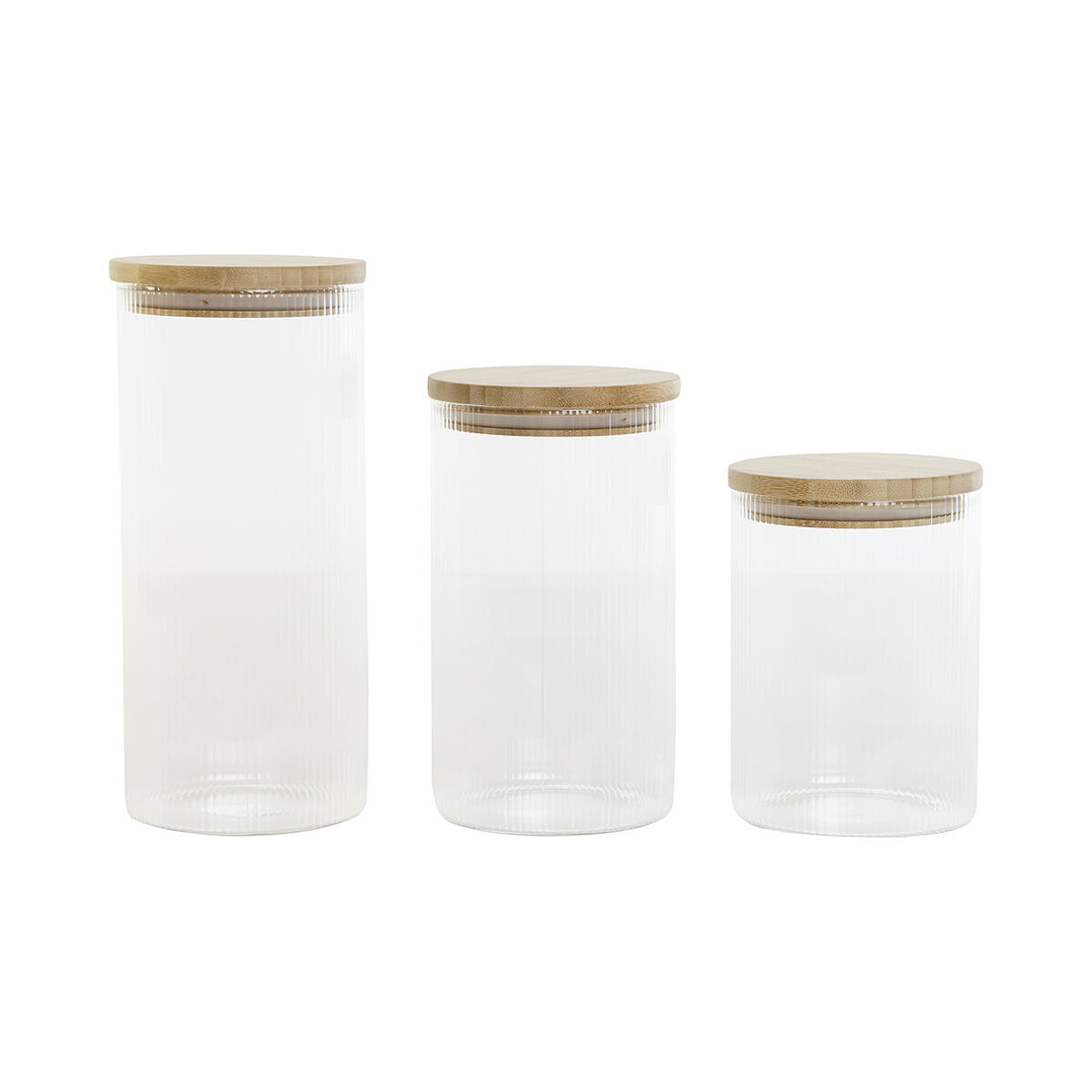 Set de 3 Botes Home ESPRIT Transparente – Vidrio de Borosilicato con Tapa de Bambú y Cierre de Silicona Apto para Lavavajillas 1
