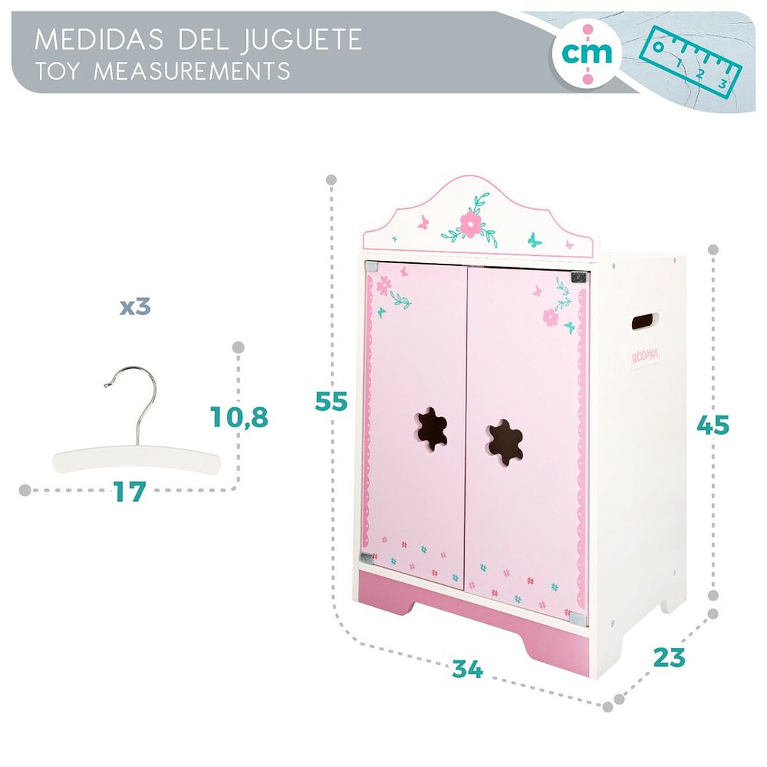 Armario de Madera WOOMAX para Muñecas – Diseño Francés Rosa y Blanco con Perchas Incluidas 34 x 55 x 23 cm 2