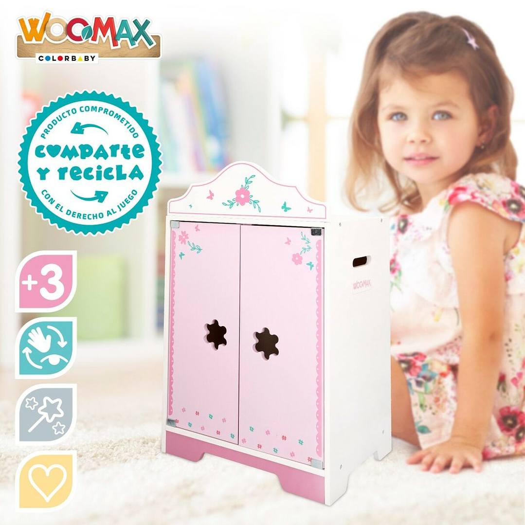 Armario de Madera WOOMAX para Muñecas – Diseño Francés Rosa y Blanco con Perchas Incluidas 34 x 55 x 23 cm 3