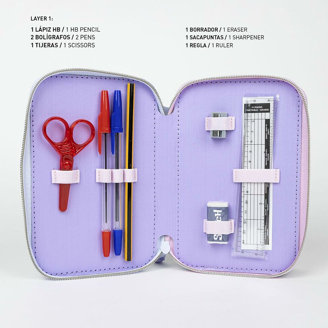 Plumier Doble Stitch Lila Infantil – Estuche Escolar Resistente con Accesorios, 100% Poliéster, 12,5 x 6,5 x 19,5 cm 2