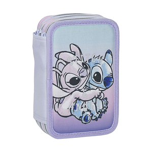 Plumier Doble Stitch Lila Infantil – Estuche Escolar Resistente con Accesorios, 100% Poliéster, 12,5 x 6,5 x 19,5 cm