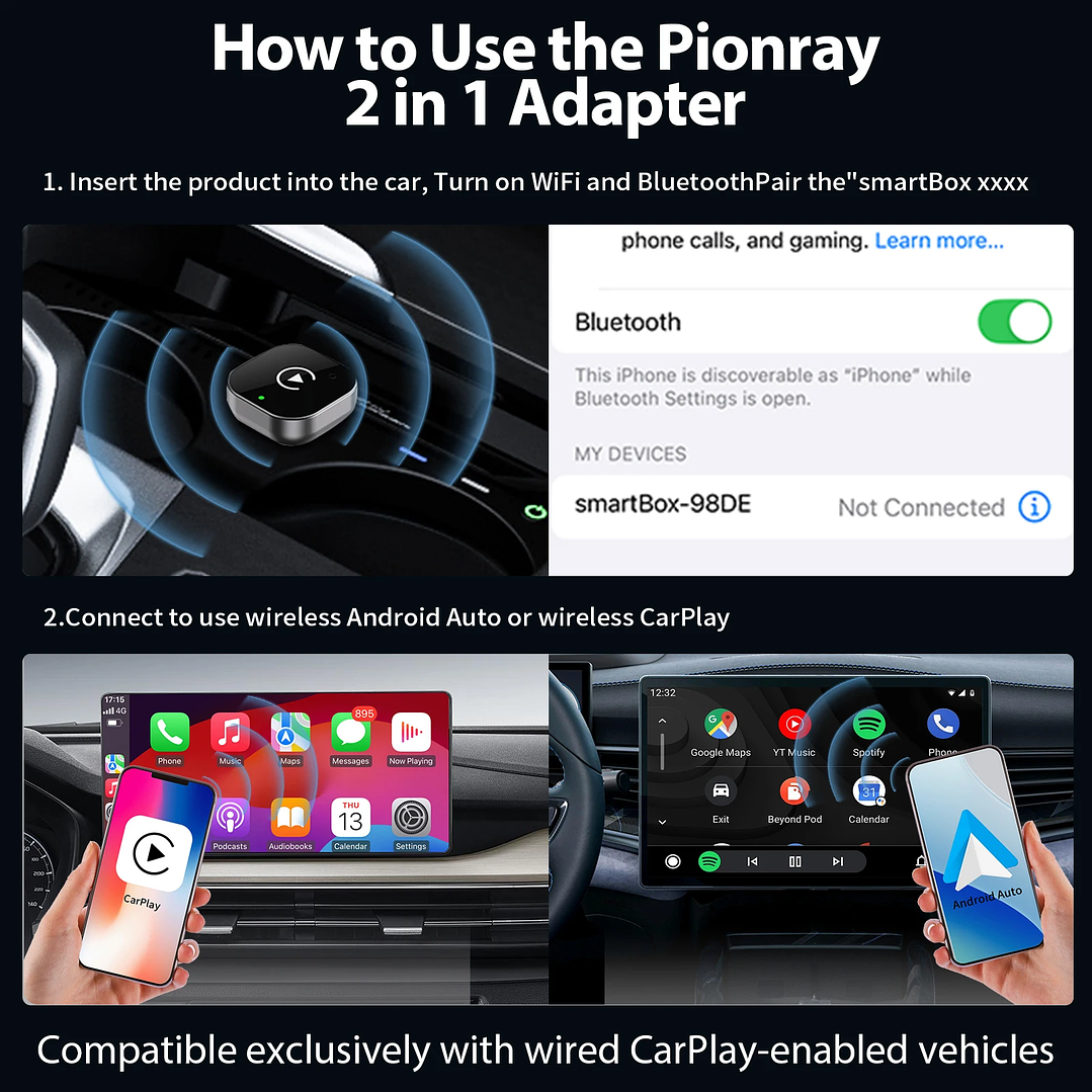 Adaptador CarPlay Inalámbrico Pionray 2 en 1 USB-C Android Auto 2