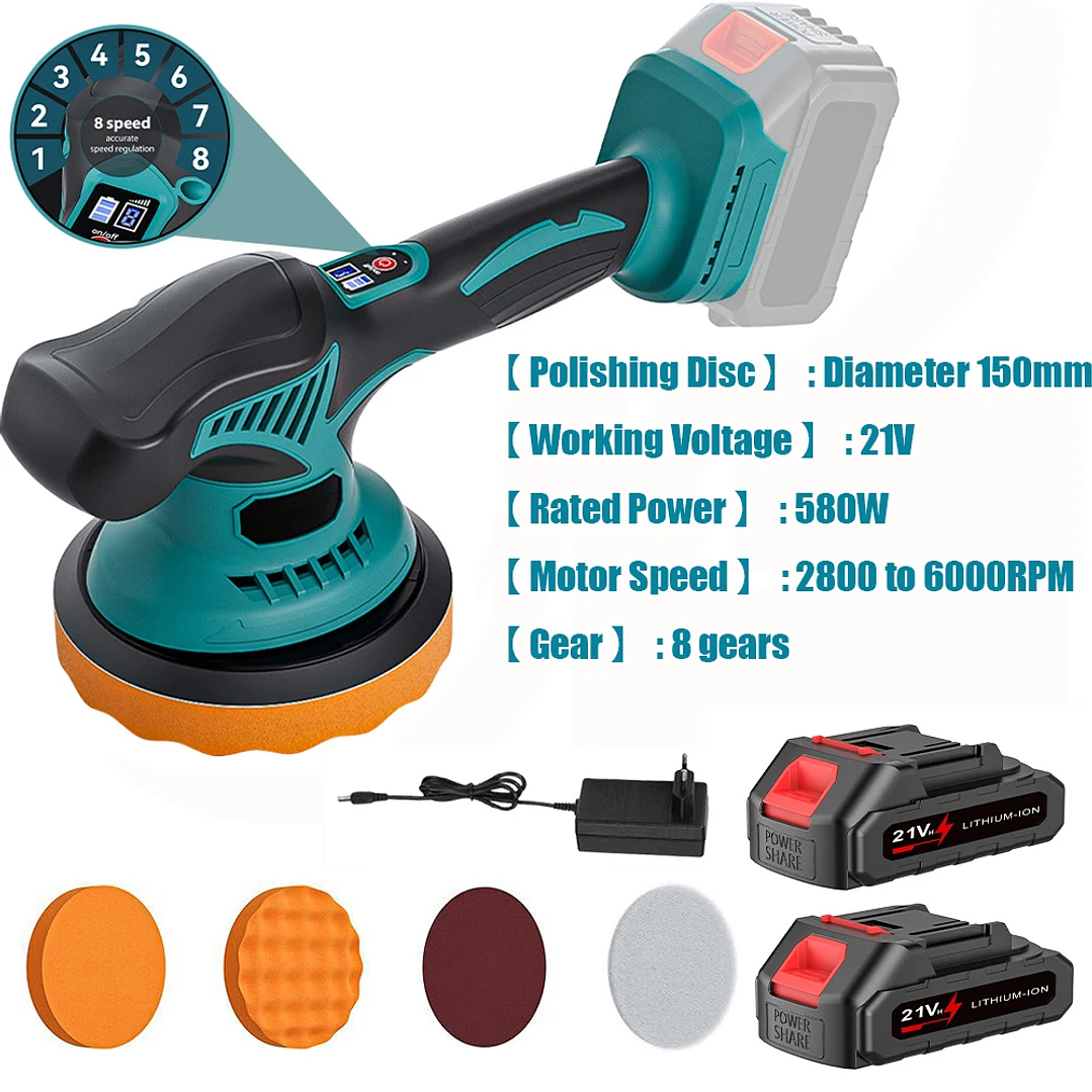 Pulidor de Coche Inalámbrico 21V | 6 Velocidades Compatible con Batería Makita 10