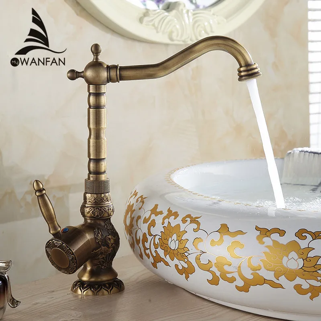 Grifo de Lavabo de Latón Antiguo | Monomando Giratorio Agua Fría y Caliente 4
