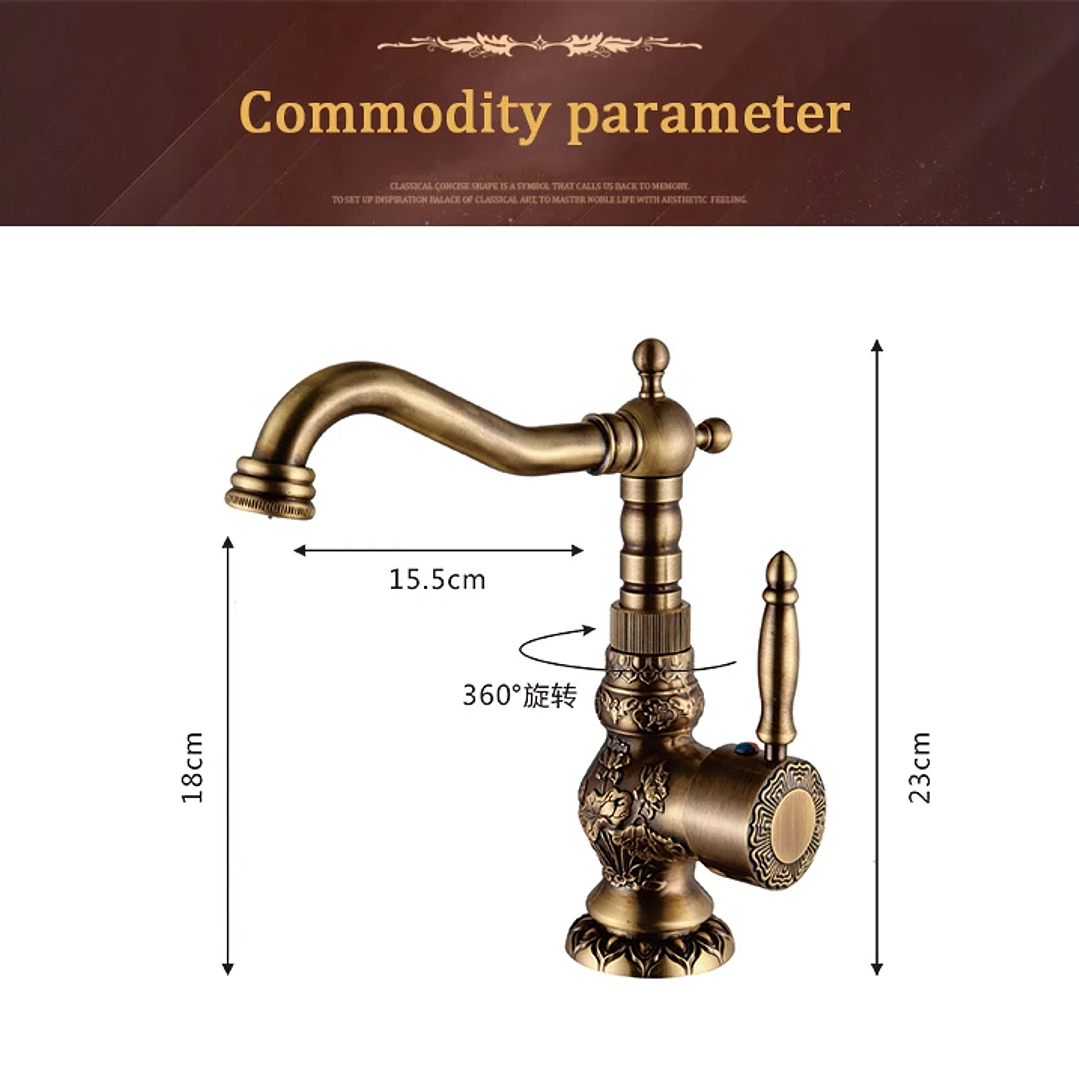 Grifo de Lavabo de Latón Antiguo | Monomando Giratorio Agua Fría y Caliente 9
