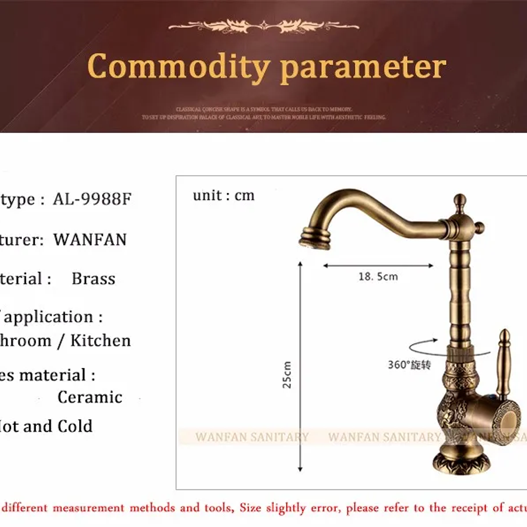 Grifo de Lavabo de Latón Antiguo | Monomando Giratorio Agua Fría y Caliente 10