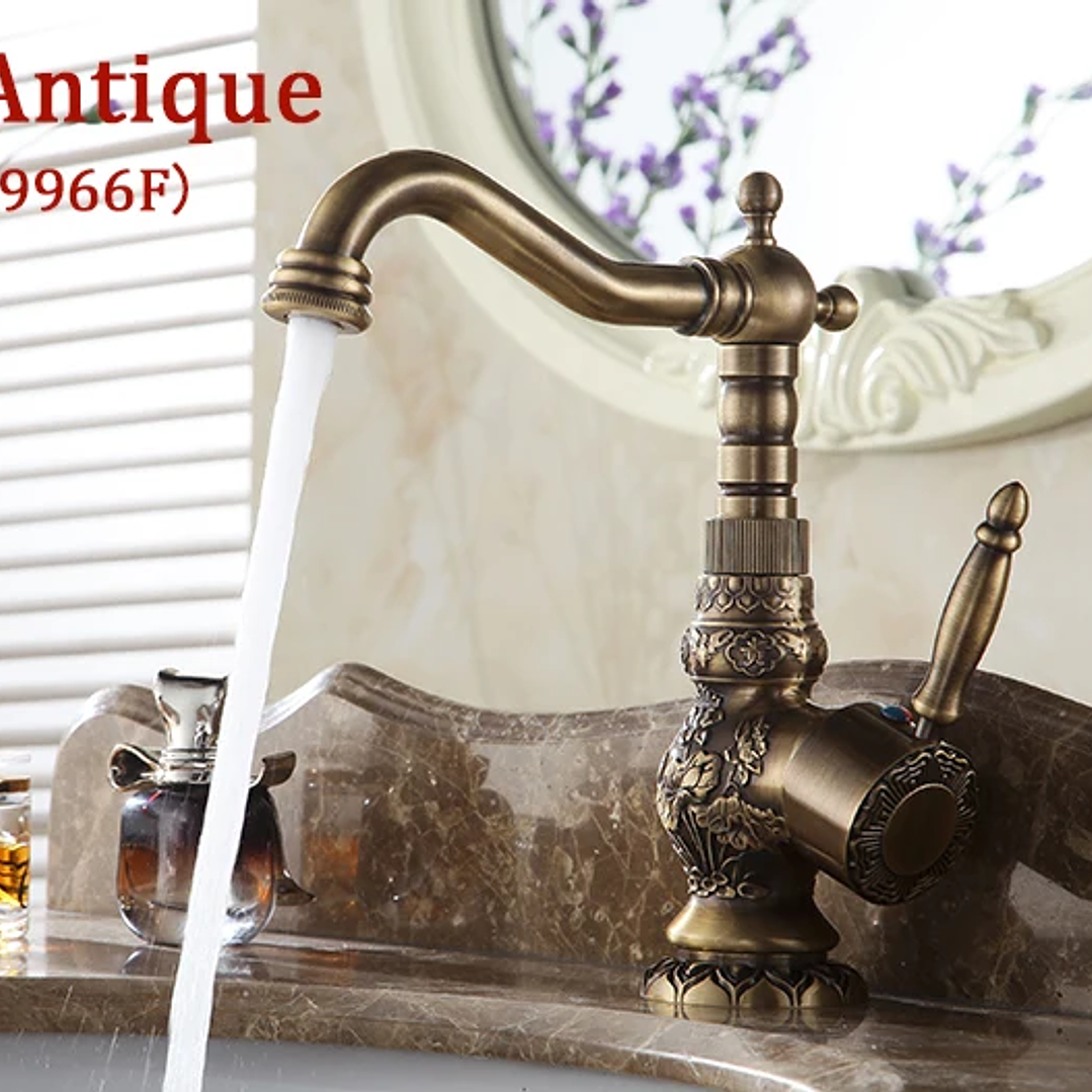 Grifo de Lavabo de Latón Antiguo | Monomando Giratorio Agua Fría y Caliente 11