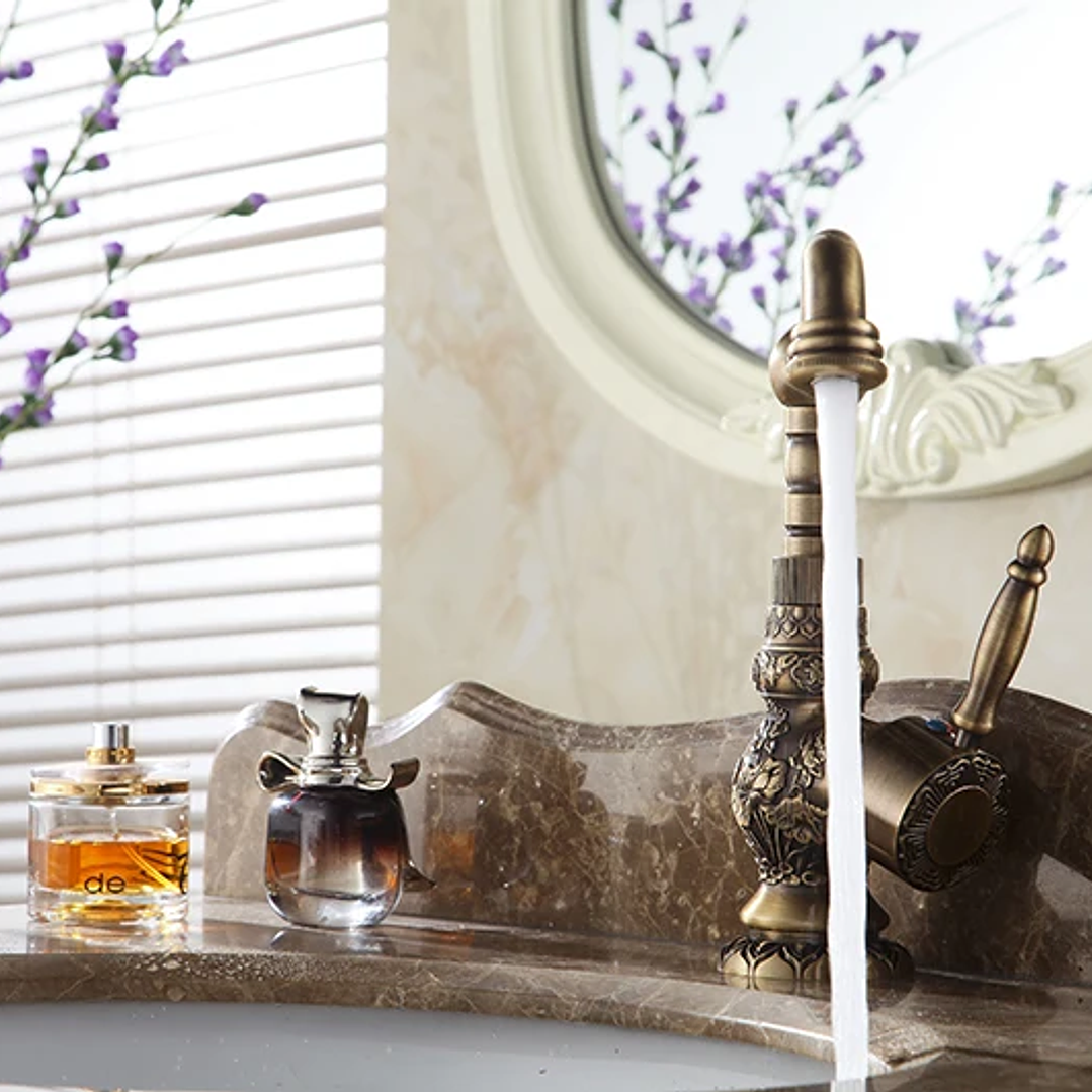 Grifo de Lavabo de Latón Antiguo | Monomando Giratorio Agua Fría y Caliente 12