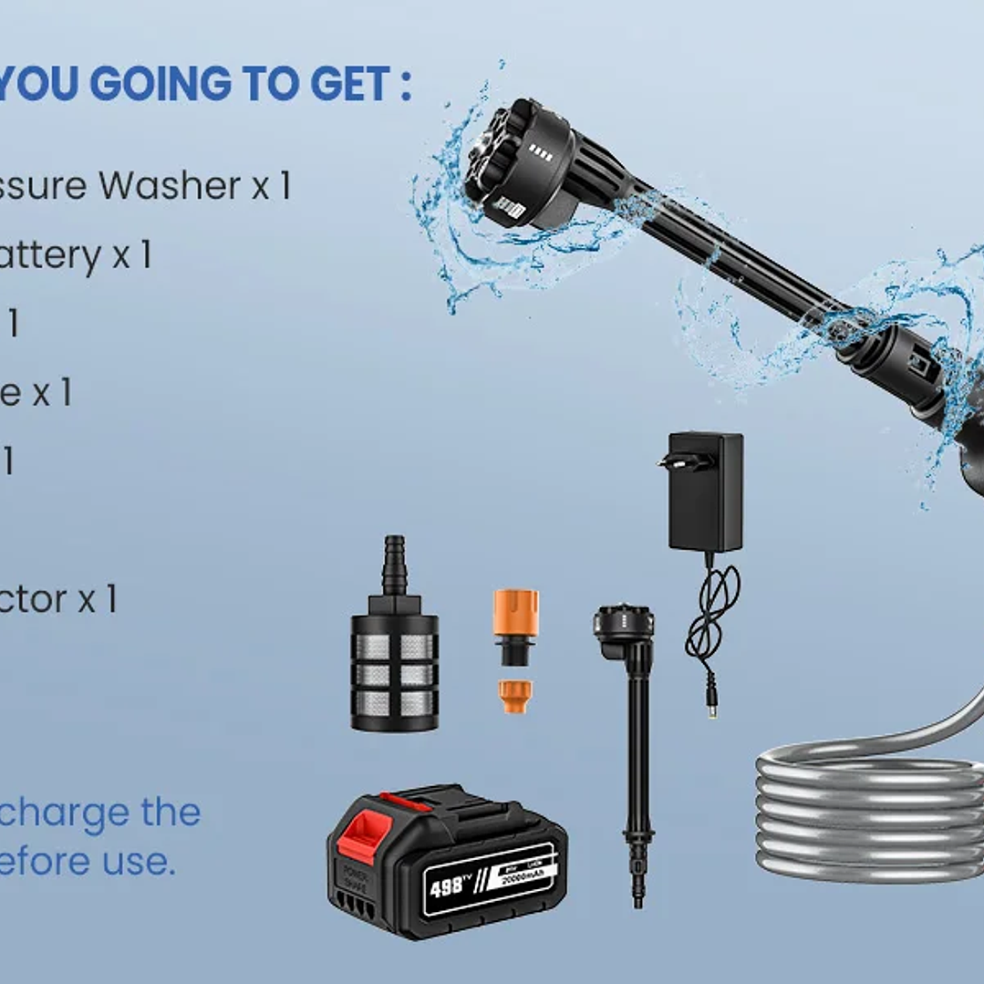 Pistola de Lavado Inalámbrica 6 en 1 | Alta Presión 60 Bar para Jardín y Coche 15
