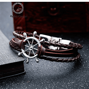 Pulsera de Cuero Trenzado Vintage | Dijes de Timón para Hombre y Pareja