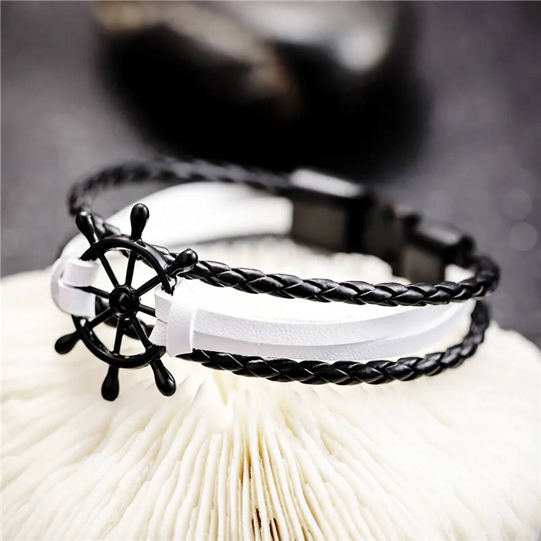 Pulsera de Cuero Trenzado Vintage | Dijes de Timón para Hombre y Pareja 3