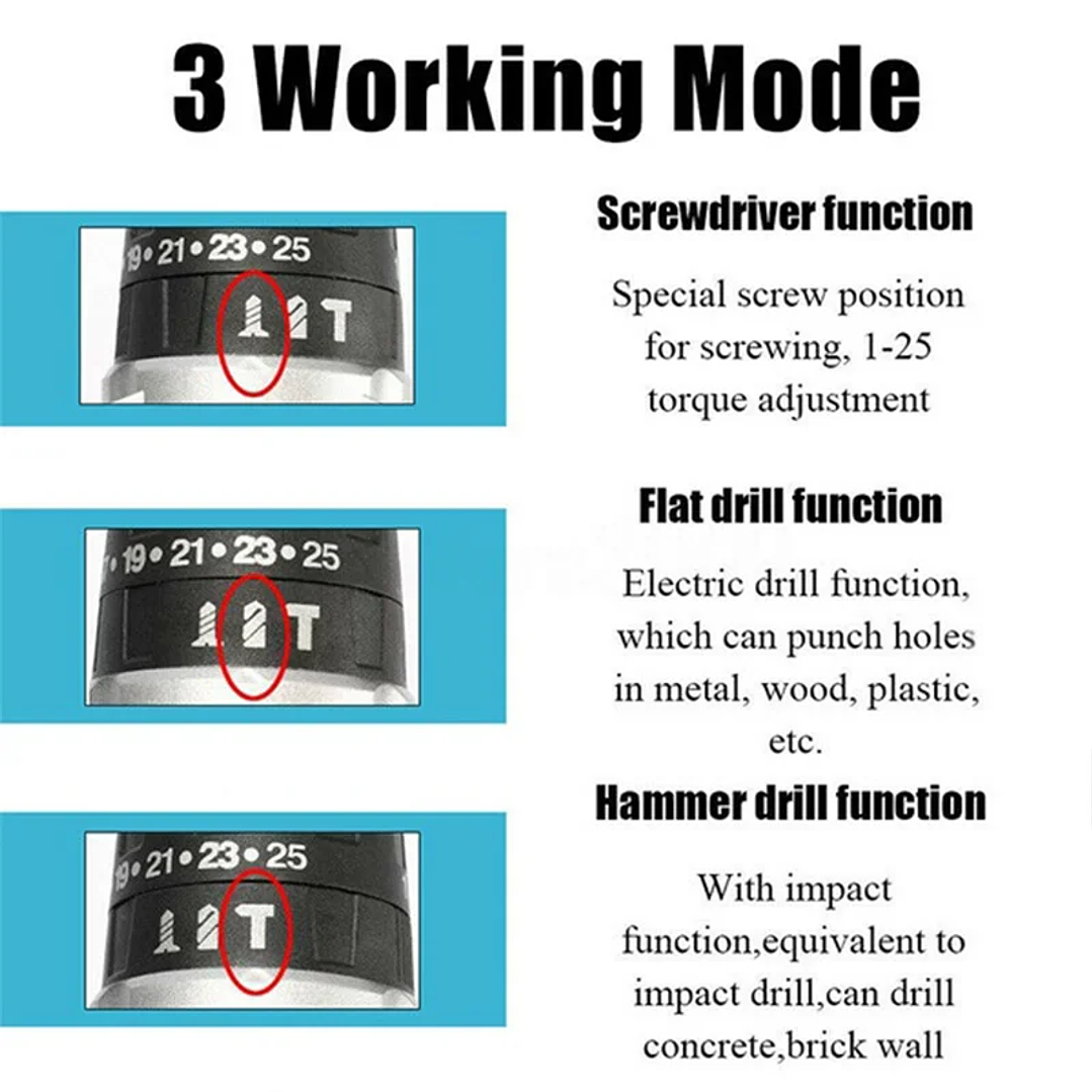 Taladro Percutor Inalámbrico 25+3 | 2 Velocidades con Batería de Litio 21V 18