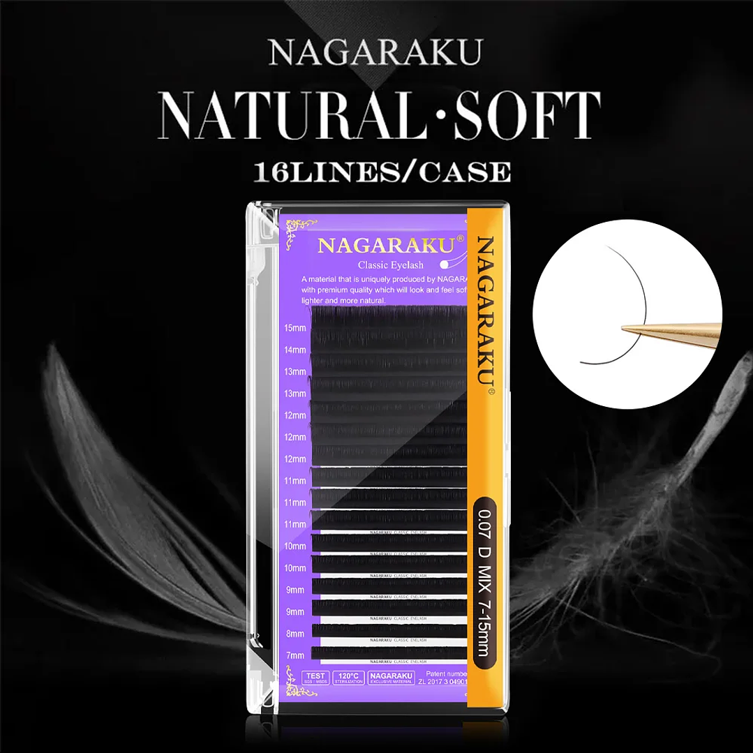 Pestañas NAGARAKU 16 Filas Clásicas | Extensiones Negras Mate Suaves y Naturales 1