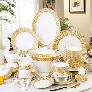Juego de Vajilla 60 Piezas Golden Mosaic | Porcelana Bone China Estilo Inglés