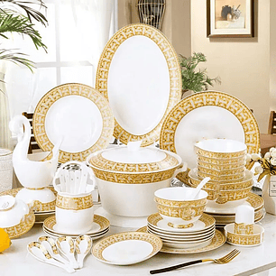 Juego de Vajilla 60 Piezas Golden Mosaic | Porcelana Bone China Estilo Inglés