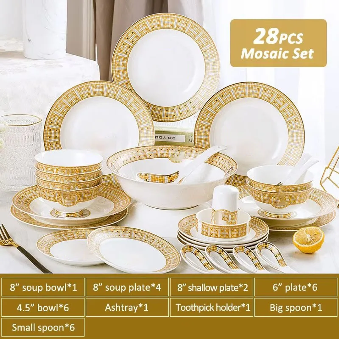 Juego de Vajilla 60 Piezas Golden Mosaic | Porcelana Bone China Estilo Inglés 7
