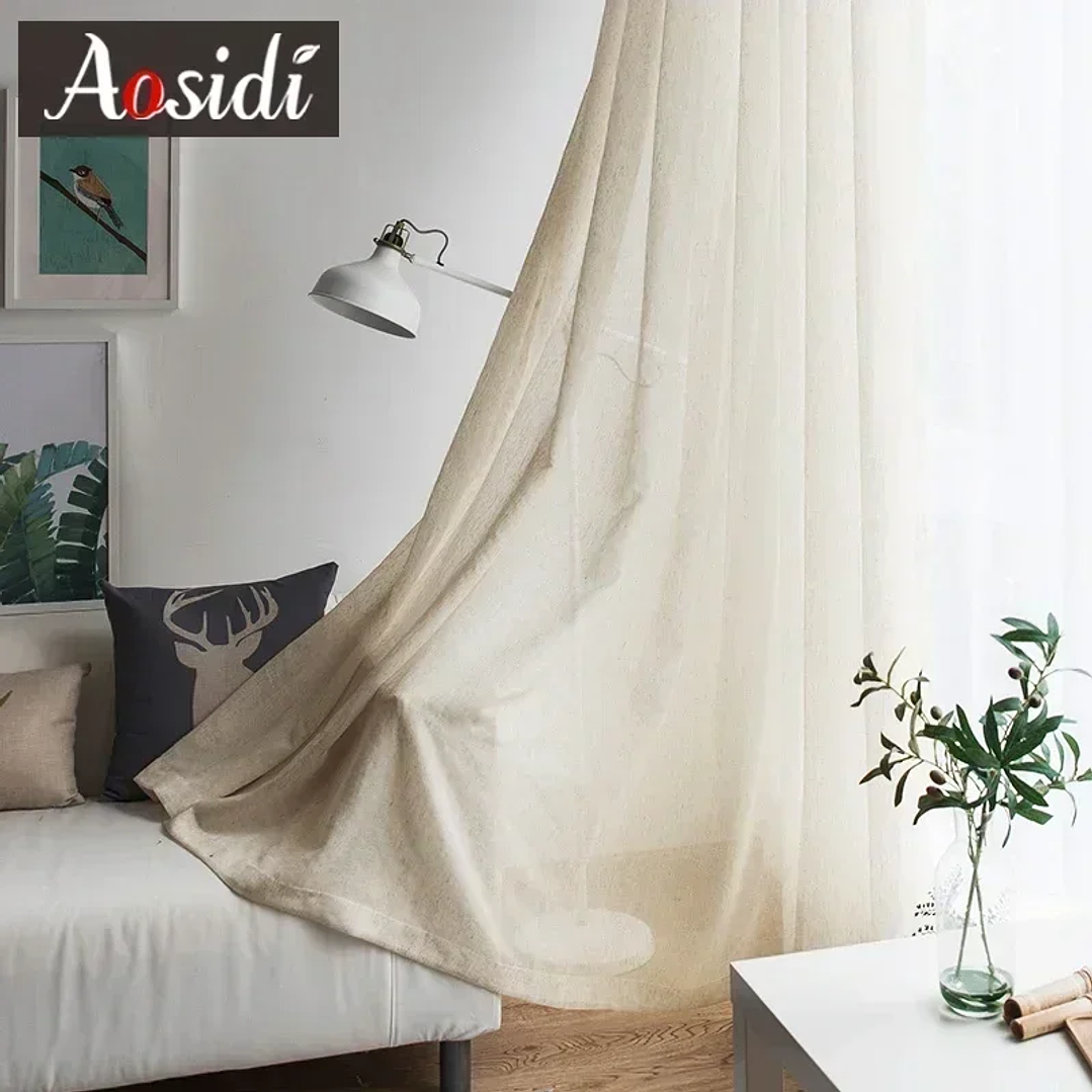 Cortinas de Tul Beige AOSIDI | Estilo Lino Translucido para Sala, Dormitorio y Cocina 4
