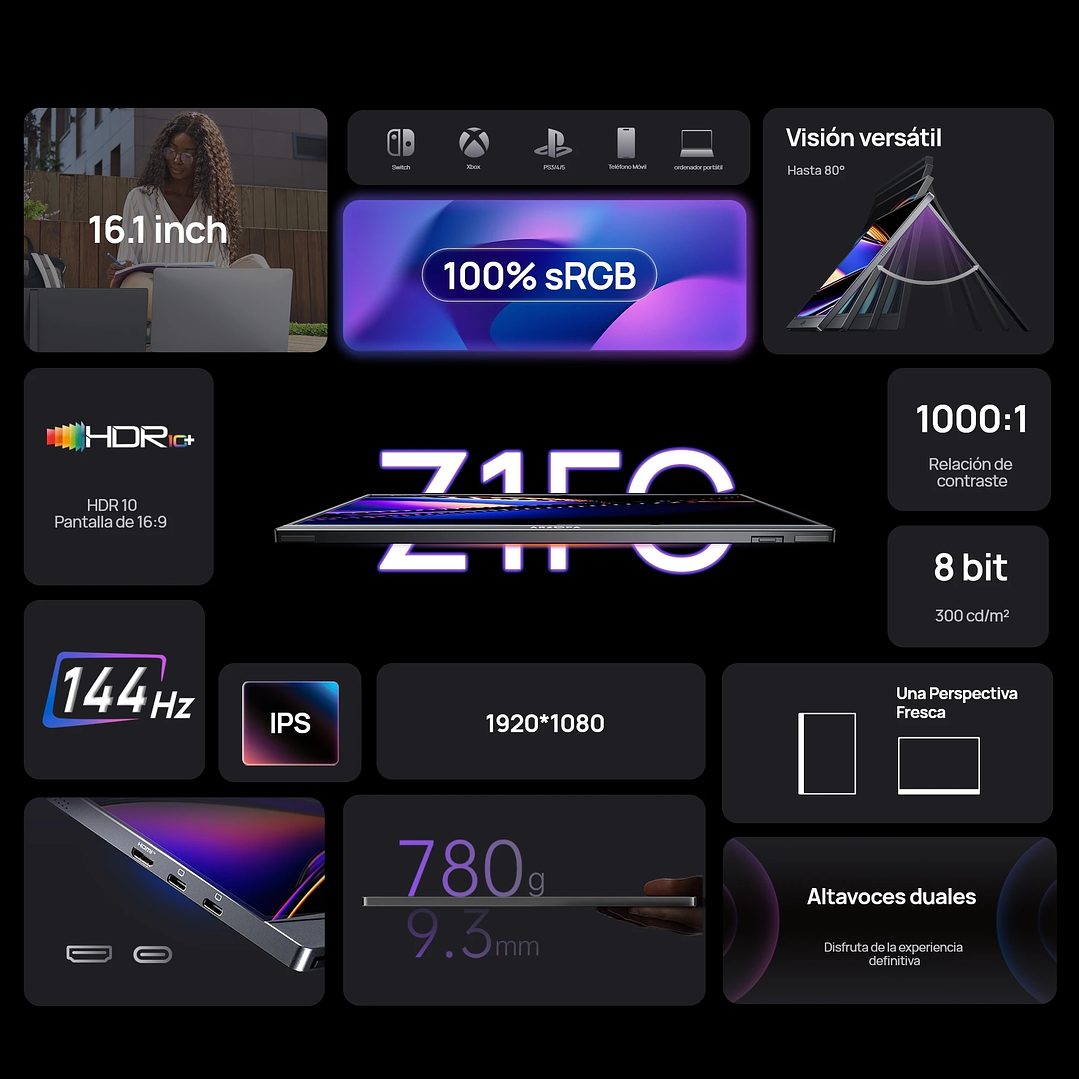 Monitor Gaming Portátil Arzopa 16.1’’  144Hz IPS FHD con Altavoces Integrados 2